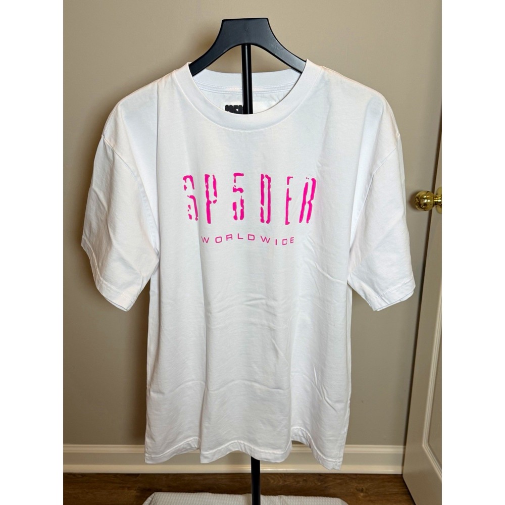 SP5DER Worldwide White/Pink Graphic Logo Crew Neck T-Shirt Men's XL Cotton